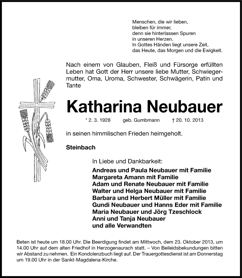  Traueranzeige für Katharina Neubauer vom 22.10.2013 aus Nordbayerische Nachrichten Herzogenaurach Lokal