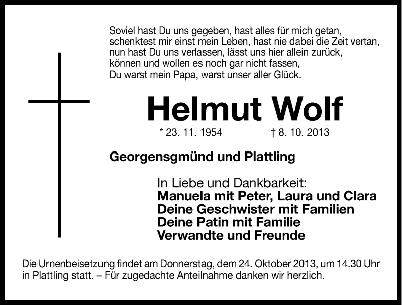  Traueranzeige für Helmut Wolf vom 22.10.2013 aus Roth-Hilpoltsteiner Volkszeitung Lokal