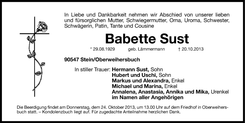  Traueranzeige für Babette Sust vom 22.10.2013 aus Gesamtausgabe Nürnberger Nachrichten/ Nürnberger Ztg.