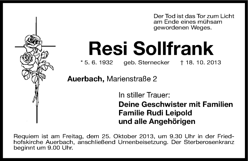  Traueranzeige für Resi Sollfrank vom 22.10.2013 aus Nordbayerische Nachrichten Pegnitz Lokal