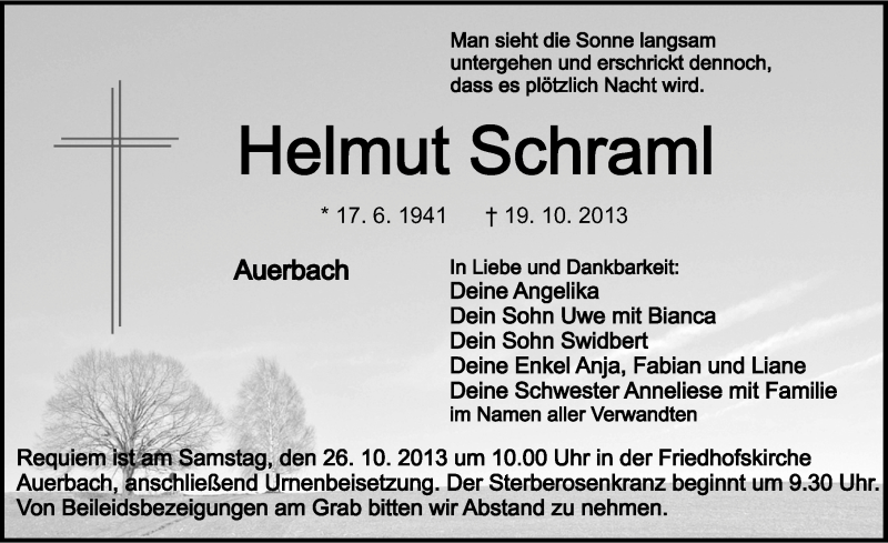  Traueranzeige für Helmut Schraml vom 22.10.2013 aus Nordbayerische Nachrichten Pegnitz Lokal