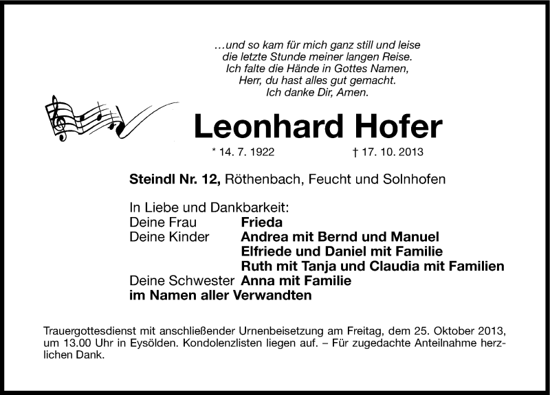  Traueranzeige für Leonhard Hofer vom 23.10.2013 aus Roth-Hilpoltsteiner Volkszeitung Lokal