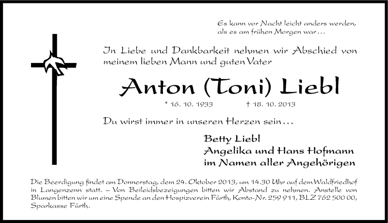  Traueranzeige für Anton Liebl vom 23.10.2013 aus Fürther Nachrichten Lokal