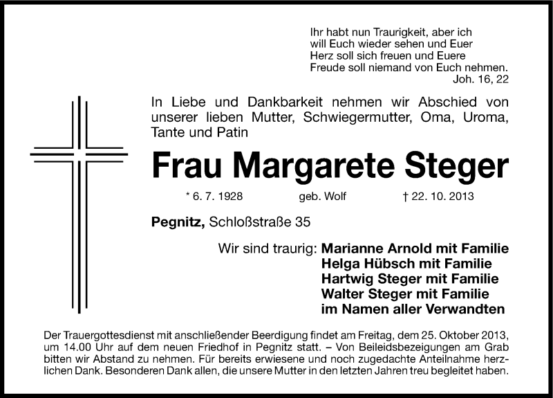  Traueranzeige für Margarete Steger vom 24.10.2013 aus Nordbayerische Nachrichten Pegnitz Lokal