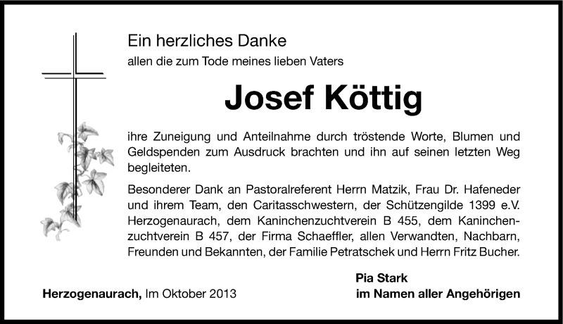  Traueranzeige für Josef Köttig vom 26.10.2013 aus Nordbayerische Nachrichten Herzogenaurach Lokal