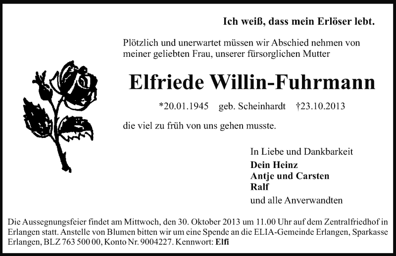  Traueranzeige für Elfriede Willin-Fuhrmann vom 28.10.2013 aus Erlanger Nachrichten Lokal