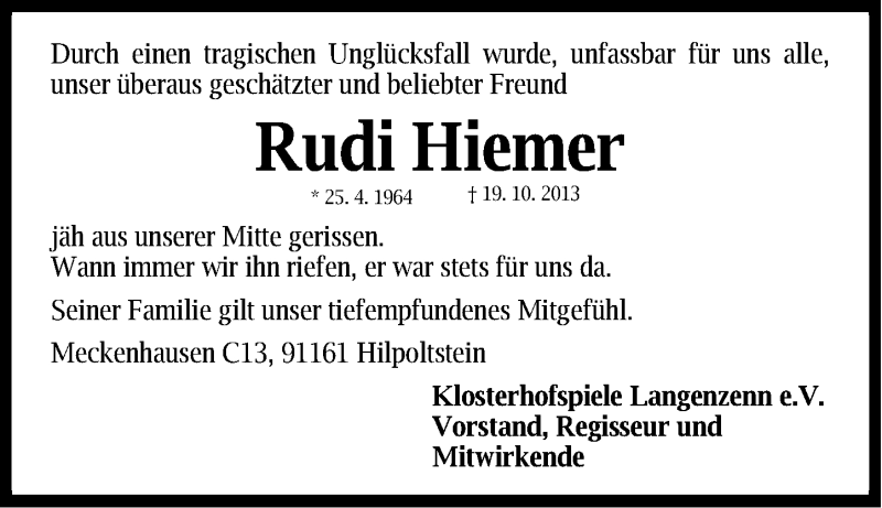  Traueranzeige für Rudi Hiemer vom 28.10.2013 aus Roth-Hilpoltsteiner Volkszeitung Lokal