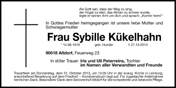 Traueranzeige von Sybille Kükelhahn von Gesamtausgabe Nürnberger Nachrichten/ Nürnberger Ztg.