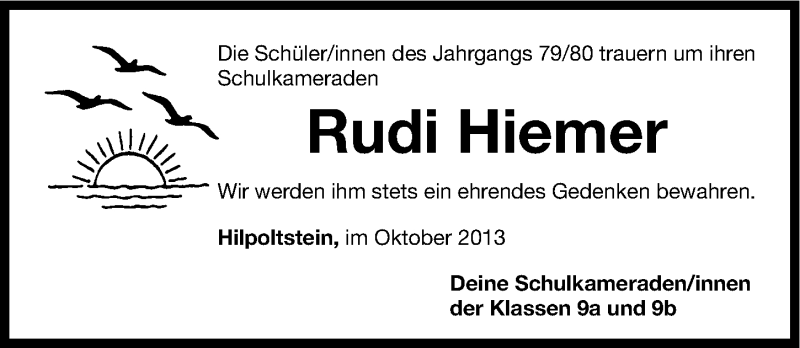  Traueranzeige für Rudi Hiemer vom 29.10.2013 aus Roth-Hilpoltsteiner Volkszeitung Lokal