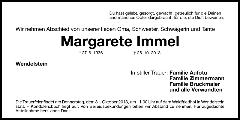  Traueranzeige für Margarete Immel vom 30.10.2013 aus Gesamtausgabe Nürnberger Nachrichten/ Nürnberger Ztg.