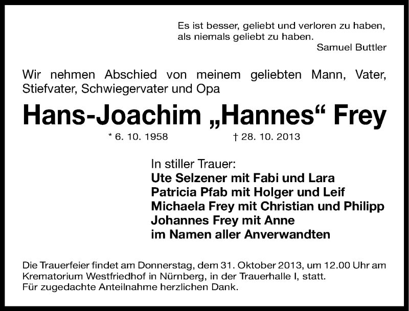  Traueranzeige für Hans-Joachim Frey vom 30.10.2013 aus Gesamtausgabe Nürnberger Nachrichten/ Nürnberger Ztg.