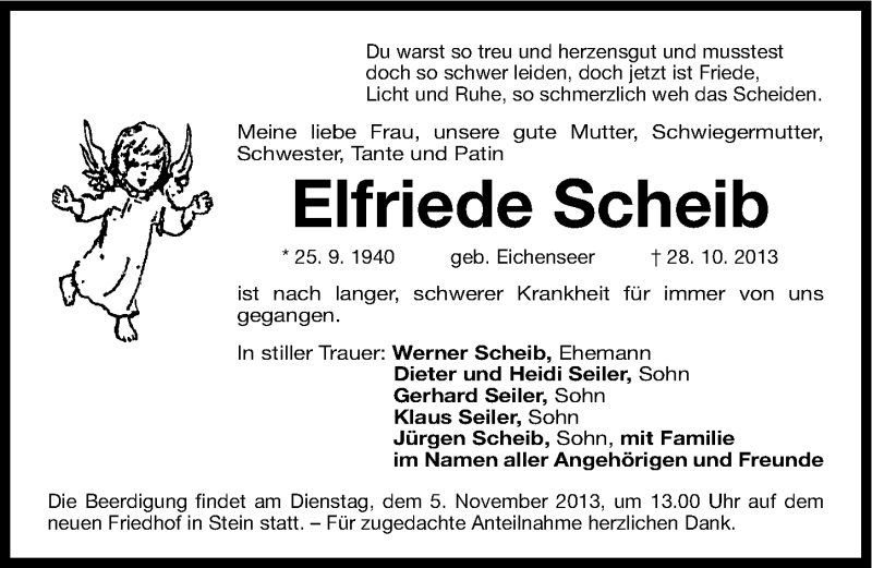  Traueranzeige für Elfriede Scheib vom 01.11.2013 aus Gesamtausgabe Nürnberger Nachrichten/ Nürnberger Ztg.