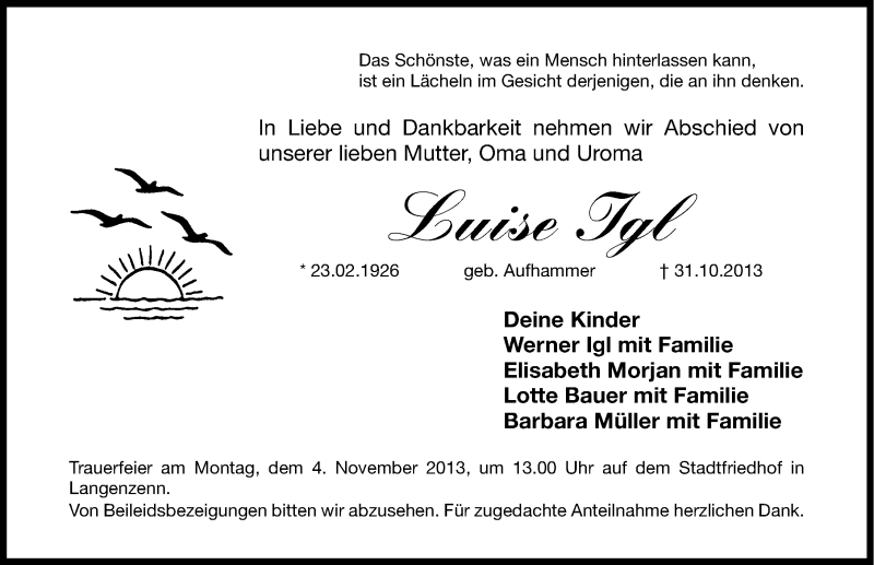  Traueranzeige für Luise Igl vom 01.11.2013 aus Fürther Nachrichten Lokal
