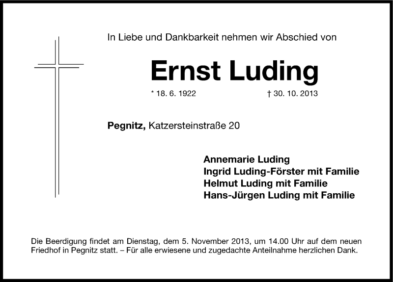  Traueranzeige für Ernst Luding vom 01.11.2013 aus Nordbayerische Nachrichten Pegnitz Lokal