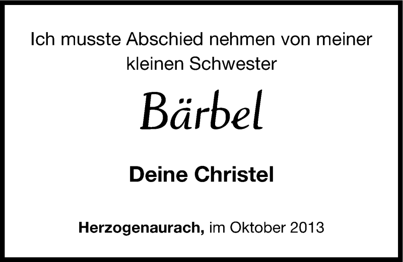  Traueranzeige für Bärbel  vom 09.11.2013 aus Nordbayerische Nachrichten Herzogenaurach Lokal