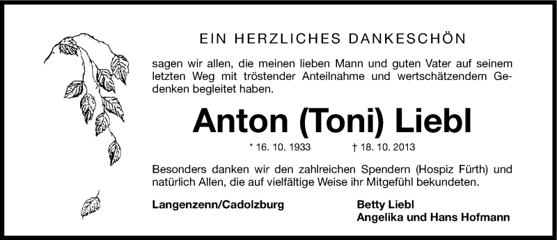  Traueranzeige für Anton Liebl vom 06.11.2013 aus Fürther Nachrichten Lokal