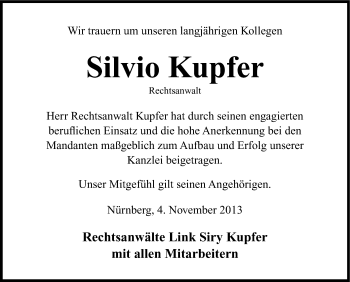 Traueranzeige von Silvio Kupfer von Gesamtausgabe Nürnberger Nachrichten/ Nürnberger Ztg.