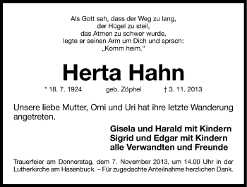 Traueranzeige von Herta Hahn von Gesamtausgabe Nürnberger Nachrichten/ Nürnberger Ztg.