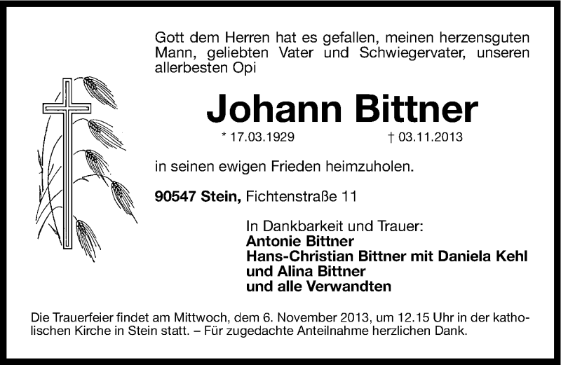  Traueranzeige für Johann Bittner vom 05.11.2013 aus Gesamtausgabe Nürnberger Nachrichten/ Nürnberger Ztg.
