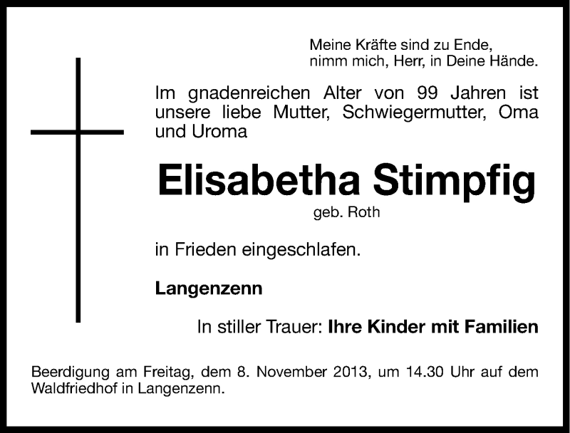  Traueranzeige für Elisabetha Stimpfig vom 07.11.2013 aus Fürther Nachrichten Lokal
