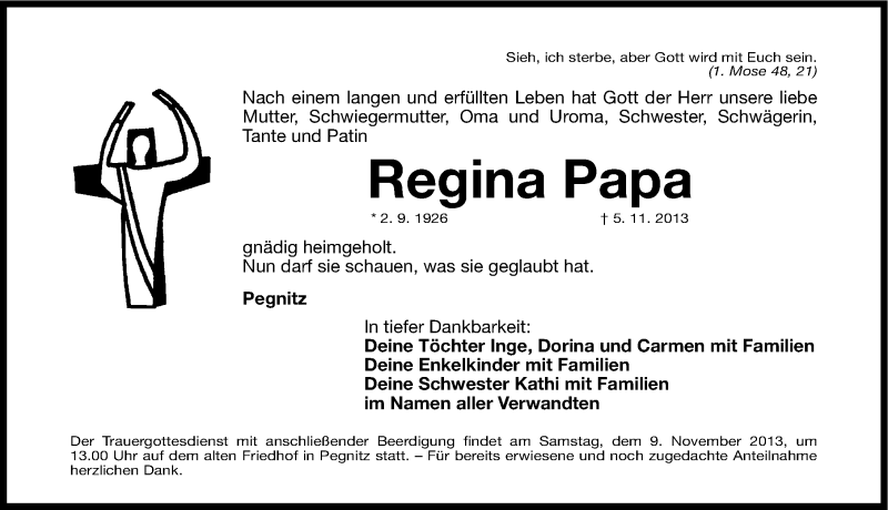  Traueranzeige für Regina Papa vom 07.11.2013 aus Nordbayerische Nachrichten Pegnitz Lokal