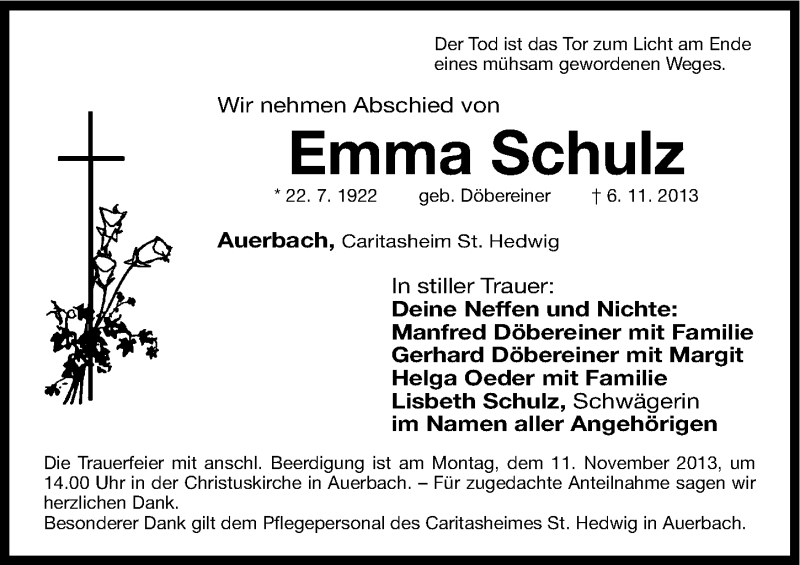 Traueranzeige für Emma Schulz vom 07.11.2013 aus Nordbayerische Nachrichten Pegnitz Lokal