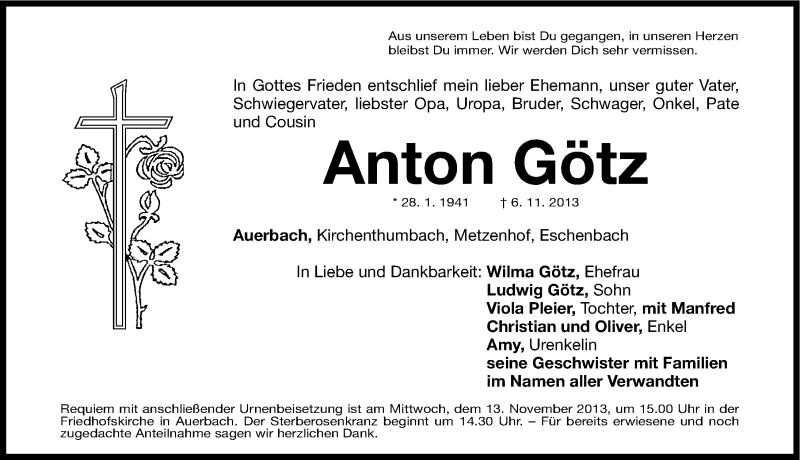  Traueranzeige für Anton Götz vom 09.11.2013 aus Nordbayerische Nachrichten Pegnitz Lokal