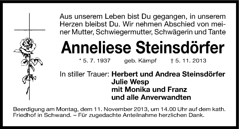  Traueranzeige für Anneliese Steinsdörfer vom 09.11.2013 aus Gesamtausgabe Nürnberger Nachrichten/ Nürnberger Ztg.