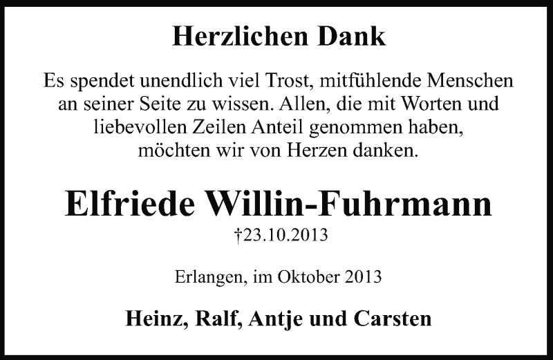  Traueranzeige für Elfriede Willin-Fuhrmann vom 09.11.2013 aus Erlanger Nachrichten Lokal