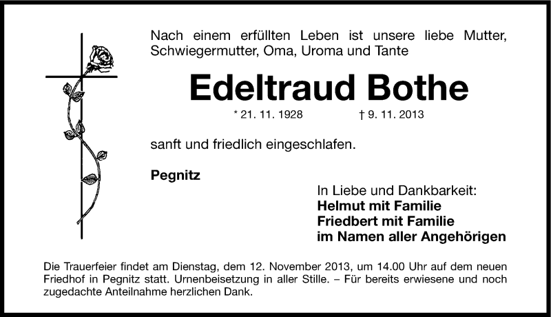  Traueranzeige für Edeltraud Bothe vom 11.11.2013 aus Nordbayerische Nachrichten Pegnitz Lokal
