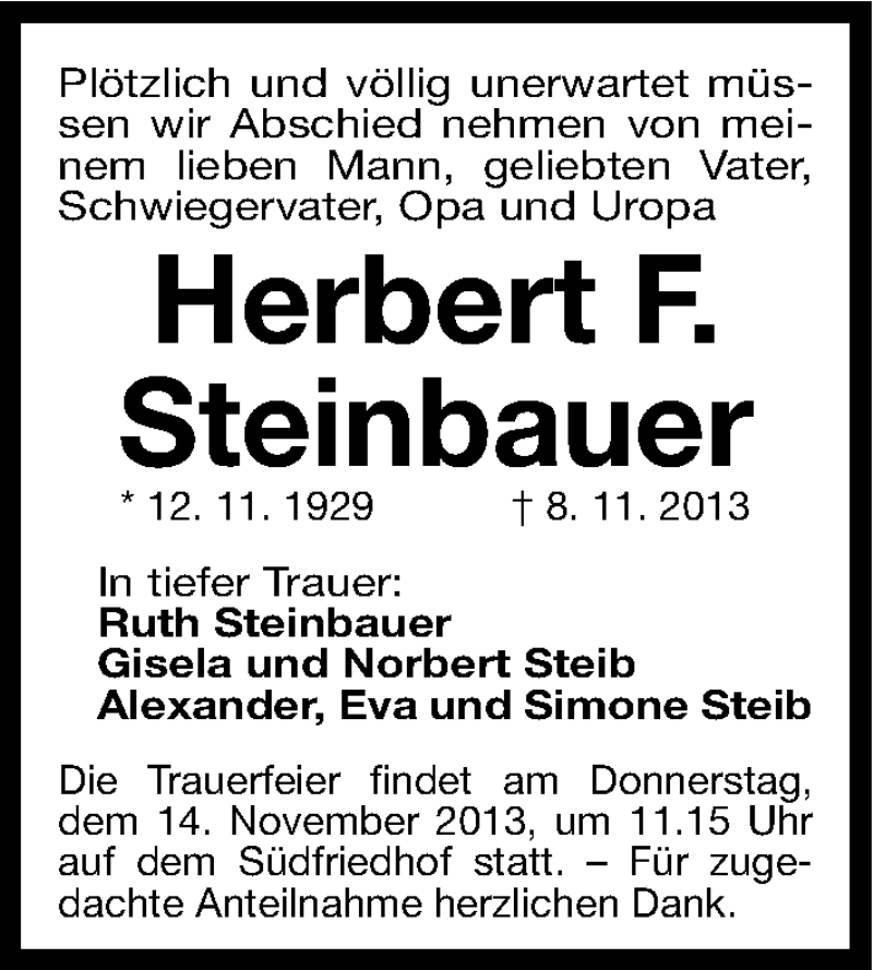  Traueranzeige für Herbert Steinbauer vom 12.11.2013 aus Gesamtausgabe Nürnberger Nachrichten/ Nürnberger Ztg.