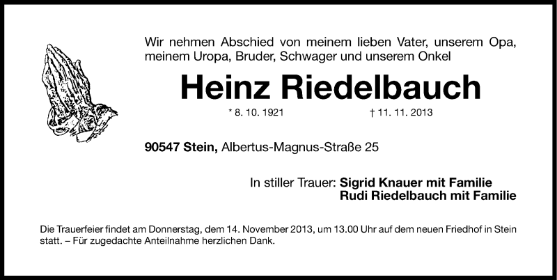  Traueranzeige für Heinz Riedelbauch vom 12.11.2013 aus Gesamtausgabe Nürnberger Nachrichten/ Nürnberger Ztg.