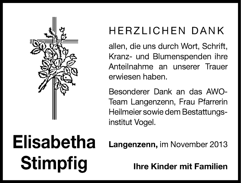  Traueranzeige für Elisabetha Stimpfig vom 12.11.2013 aus Fürther Nachrichten Lokal