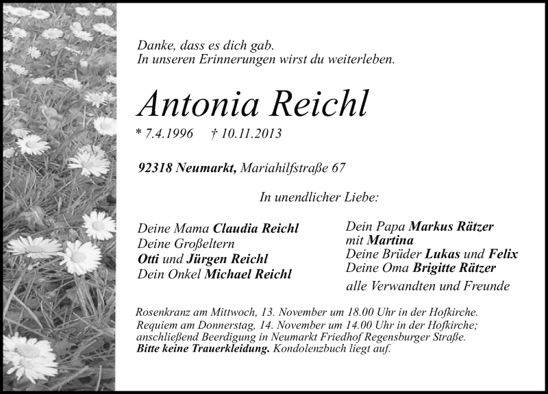  Traueranzeige für Antonia Reichl vom 12.11.2013 aus Neumarkter Nachrichten Lokal
