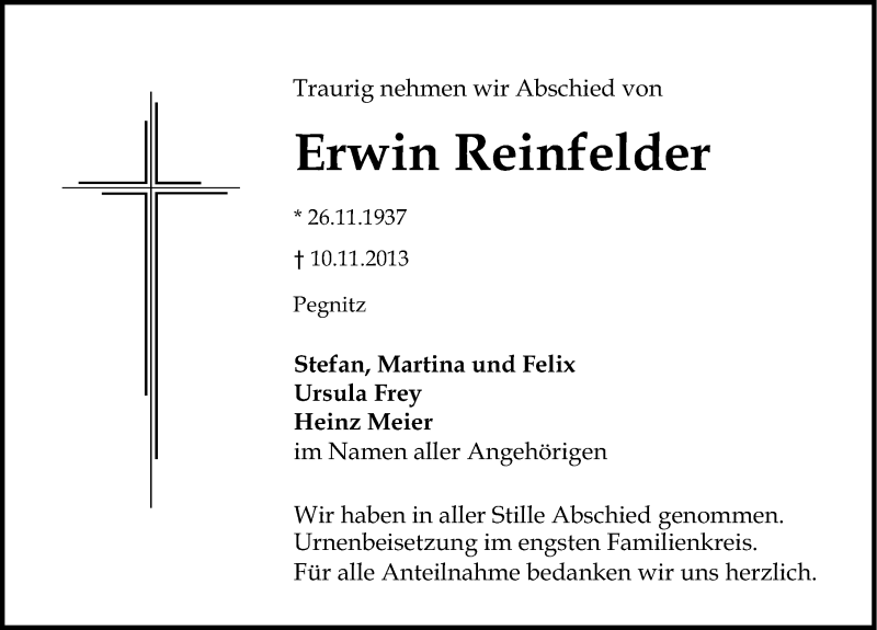  Traueranzeige für Erwin Reinfelder vom 13.11.2013 aus Nordbayerische Nachrichten Pegnitz Lokal