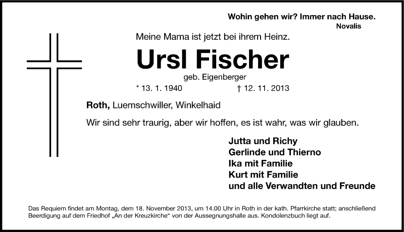  Traueranzeige für Ursl Fischer vom 15.11.2013 aus Roth-Hilpoltsteiner Volkszeitung Lokal