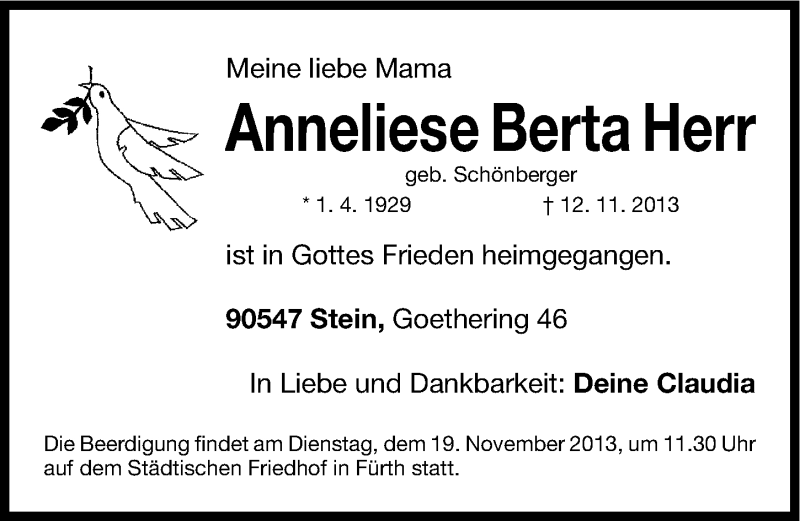  Traueranzeige für Anneliese Berta Herr vom 16.11.2013 aus Gesamtausgabe Nürnberger Nachrichten/ Nürnberger Ztg.