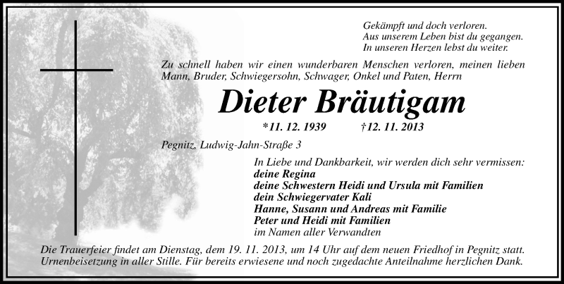  Traueranzeige für Dieter Bräutigam vom 16.11.2013 aus Nordbayerische Nachrichten Pegnitz Lokal