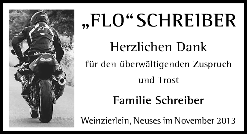  Traueranzeige für Florian Schreiber vom 16.11.2013 aus Gesamtausgabe Nürnberger Nachrichten/ Nürnberger Ztg.
