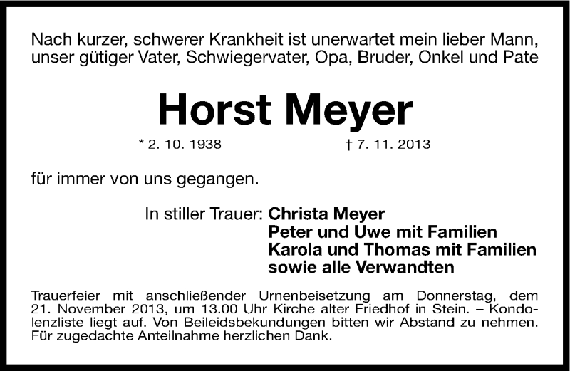 Traueranzeige für Horst Meyer vom 19.11.2013 aus Gesamtausgabe Nürnberger Nachrichten/ Nürnberger Ztg.