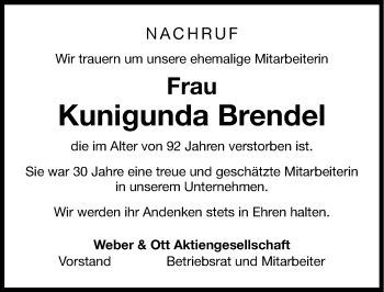 Traueranzeige von Kunigunda Brendel von Nordbayerische Nachrichten Forchheim Lokal