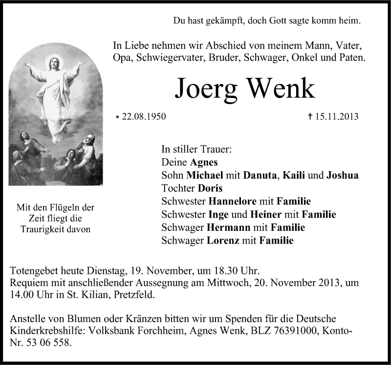  Traueranzeige für Jörg Wenk vom 19.11.2013 aus Nordbayerische Nachrichten Forchheim Lokal