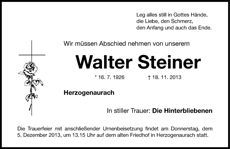  Traueranzeige für Walter Steiner vom 23.11.2013 aus Nordbayerische Nachrichten Herzogenaurach Lokal