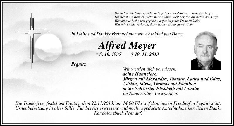  Traueranzeige für Alfred Meyer vom 21.11.2013 aus Nordbayerische Nachrichten Pegnitz Lokal