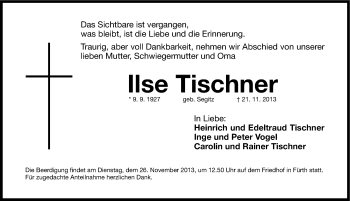 Traueranzeige von Ilse Tischner von Gesamtausgabe Nürnberger Nachrichten/ Nürnberger Ztg.