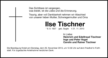 Traueranzeige von Ilse Tischner von Fürther Nachrichten Lokal