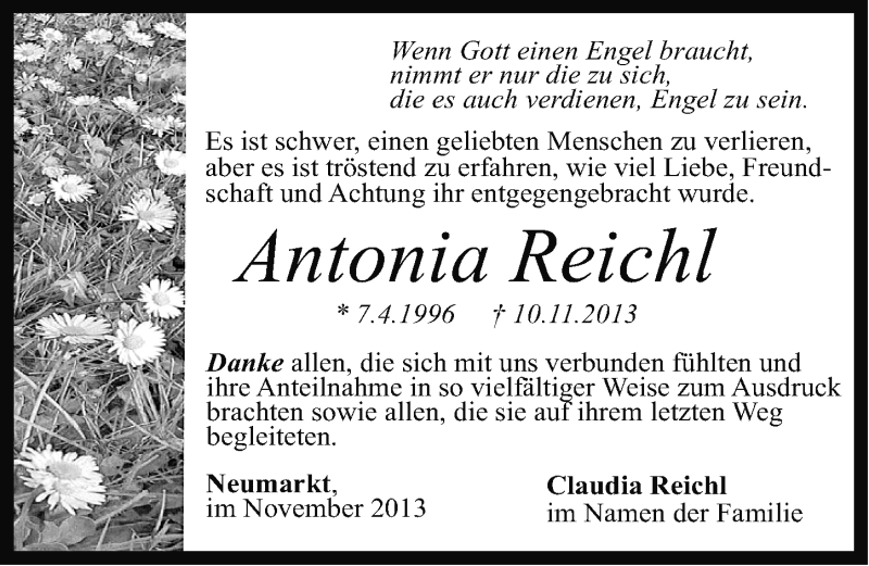  Traueranzeige für Antonia Reichl vom 23.11.2013 aus Neumarkter Nachrichten Lokal
