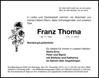 Traueranzeige von Franz Thoma von Gesamtausgabe Nürnberger Nachrichten/ Nürnberger Ztg.