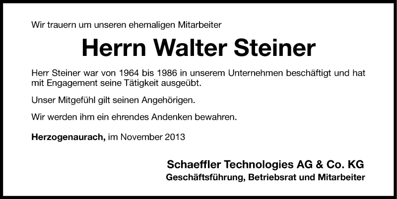  Traueranzeige für Walter Steiner vom 25.11.2013 aus Nordbayerische Nachrichten Herzogenaurach Lokal