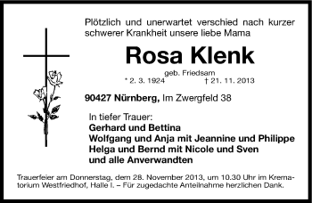 Traueranzeige von Rosa Klenk von Gesamtausgabe Nürnberger Nachrichten/ Nürnberger Ztg.